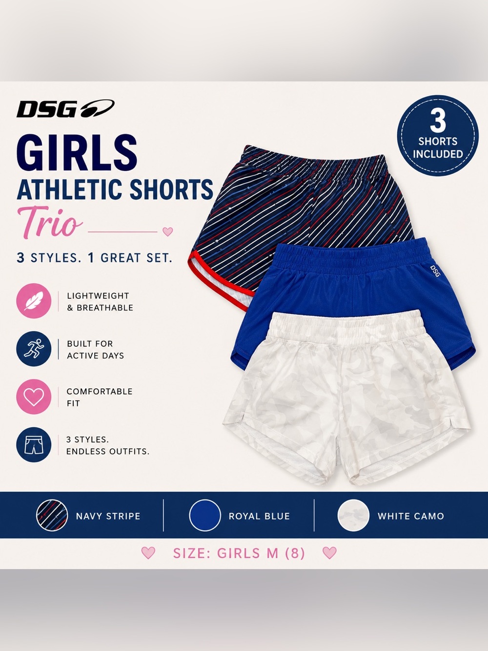 DSG Girls Athletic Shorts Trio - Navy Stripe, Royal Blue, White Camo